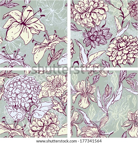 Set of 4 Floral Seamless Patterns with hand drawn flowers - tiger lilly, orchid, gardenia and peony.