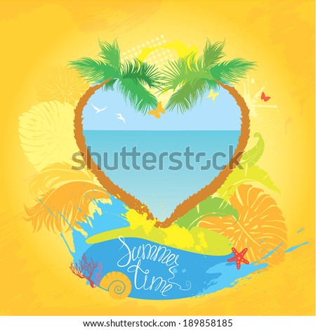 Frame in grunge style for travel and vacation design - two palm tree in heart shape.