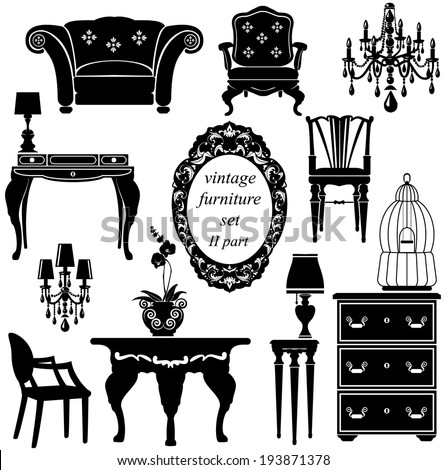 Set of antique furniture - isolated black silhouettes. Raster version