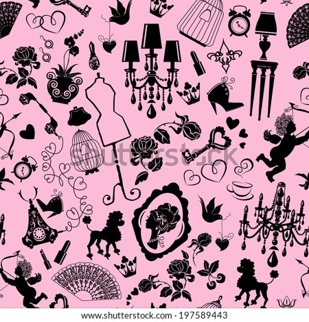 Seamless pattern with glamour accessories, furniture, girl portrait and dogs - black silhouettes on pink background. Ready to use as swatch.