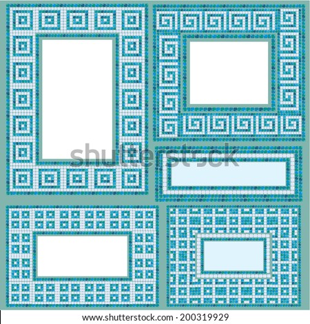 Set of vertical and horizontal rectangular frames with mosaic pattern - Blue ceramic tiles - classical geometric ornament.   Raster version