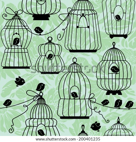 seamless pattern with decorative bird cage Silhouettes on floral background. Ready to use as swatch.  Raster version