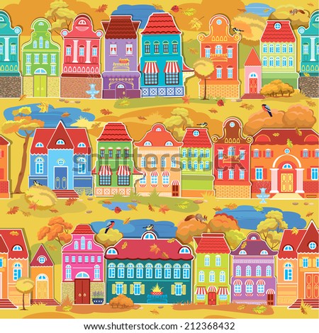 Seamless pattern with decorative colorful houses, fall or autumn season. City endless background. Ready to use as swatch.  Raster version