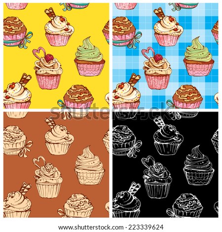 set of seamless patterns with decorated sweet cupcakes - background for cafe, menu, birthday design, etc. Raster version