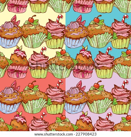 set of seamless patterns with decorated sweet cupcakes - background for cafe, menu, birthday design, etc. Raster version