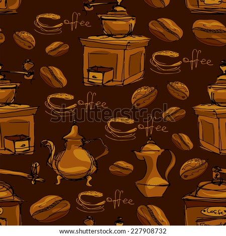Seamless pattern with handdrawn coffee cups, beans, grinder, coffee pot, calligraphic text COFFEE. Background design for cafe or restaurant menu. Raster version