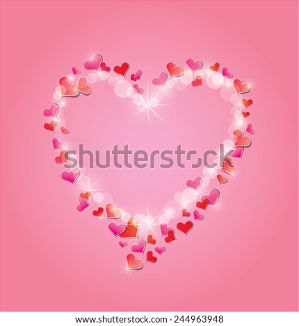 Valentine\'s day or Wedding pink background with Red hearts confetti and lights. Holidays frame in heart shape, love abstract backdrop.