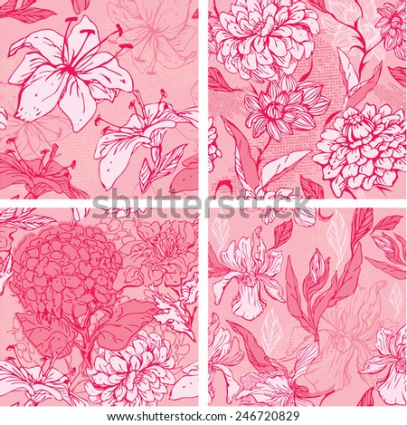 Set of 4 Floral Seamless Patterns in pink colors with handdrawn flowers - tiger lilly, orchid, gardenia and peony.