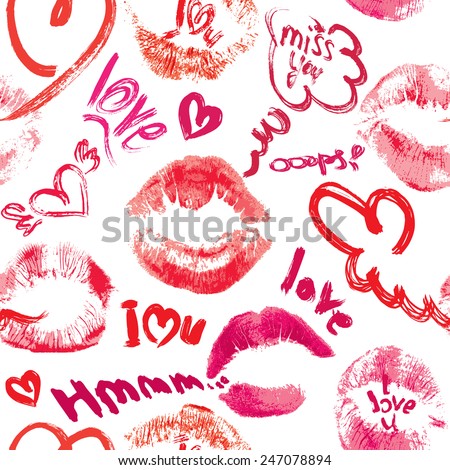 Seamless pattern with brush strokes and scribbles in heart shapes, lips prints and words LOVE, I LOVE YOU - Valentines Day Background. Raster version
