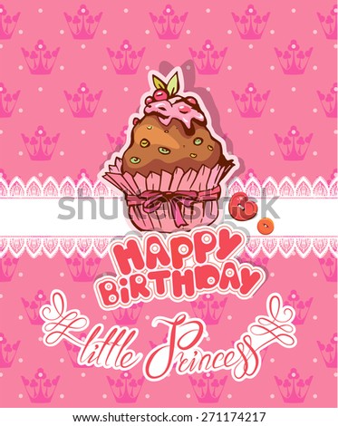 Happy birthday, little princess - holiday card for girl with pancake on pink background with crowns.
