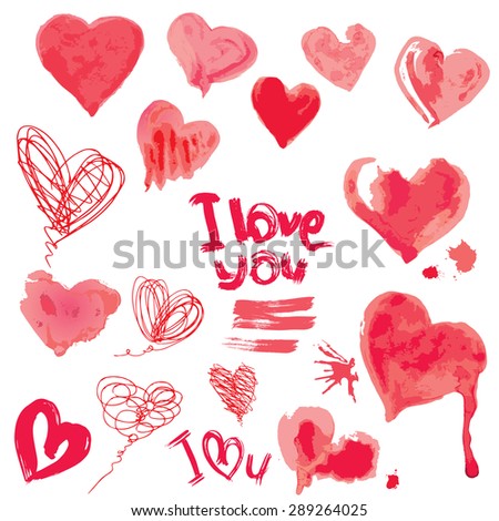 Set of grunge aquarelle hearts and words  I LOVE YOU - Elements for Valentines Day design. Raster version