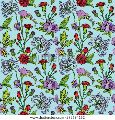 Seamless pattern with Realistic graphic flowers - hand drawn background. Raster version