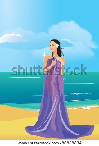 stock photo Beautiful naked woman wrapped in a towel on beach