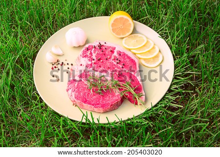 A cut of raw t-bone steak meat, with garlic, lemon and black peppers on a dish, on a fresh grass