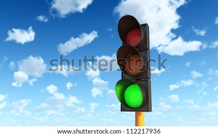 Green Traffic Lights against Blue Sky Background