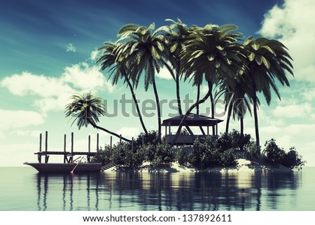 Dream island with palm tree, wooden boat and hut