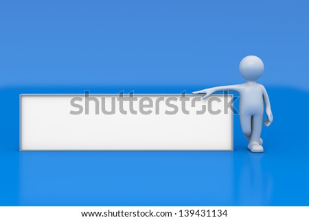 Little man with empty signboard on blue background with clipping path