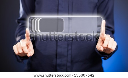 Woman\'s two hands pointing unlock button on touch screen