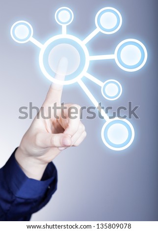 Woman's hand pushing the button on touch screen. Choice concept