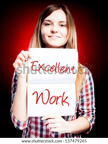 Excellent work, school exam and happy woman