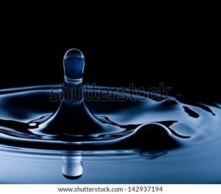 Water splash macro, clean dark blue background