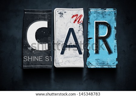 Car word on vintage broken license plates, concept sign