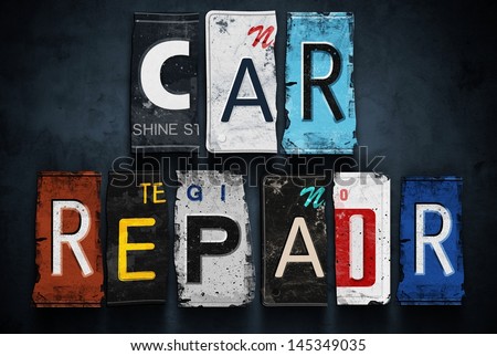 Car repair word on vintage broken license plates, concept sign