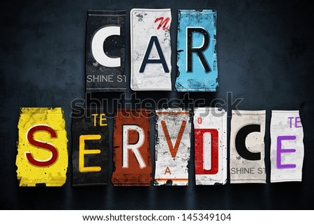 Car service word on vintage broken license plates, concept sign