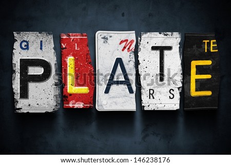 Plate word on vintage broken car license plates, concept sign