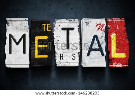 Metal word on vintage broken car license plates, concept sign