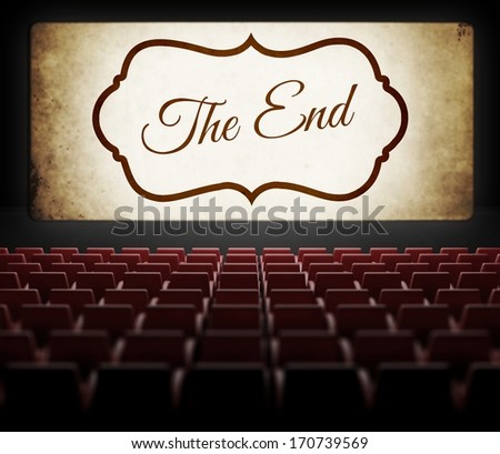 The End Screen Of Movie In Old Retro Cinema, View From Audience