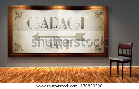 Vintage garage sale in old fashioned frame, retro interior