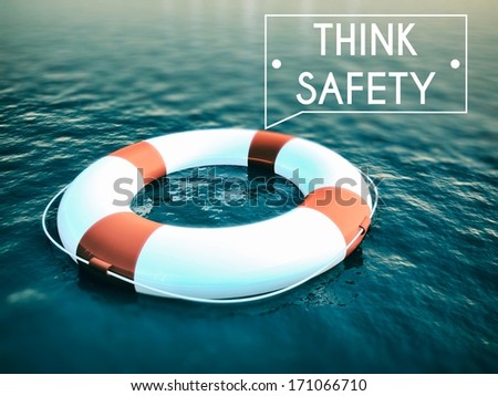 Think Safety sign, lifebuoy on rough water waves
