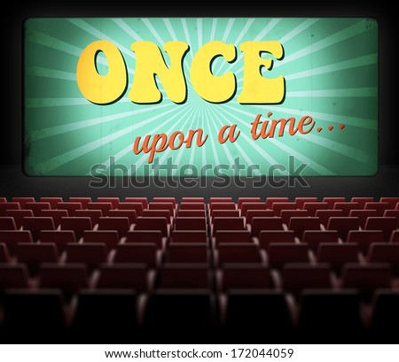 Once upon a time movie screen in old retro cinema, view from audience