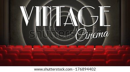 Vintage movie screen in old retro cinema, view from audience