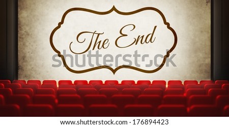 Movie ending screen in old retro cinema, view from audience