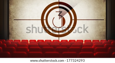 Movie Screen countdown in old retro cinema, view from audience