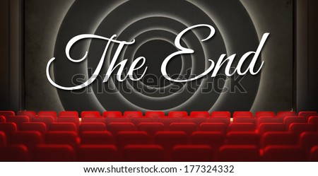 Movie ending screen in old retro cinema, view from audience