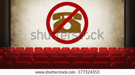 Please turn off cell phones symbol on movie screen in old retro cinema