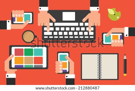 Business office desk with mobile devices and apps, flat design vector illustration