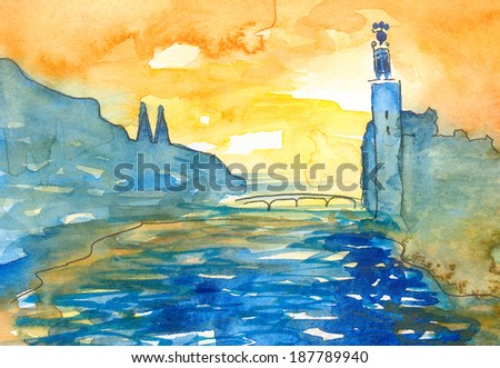 Stockholm City Hall. Watercolor painting in naivistic style of Stockholm water bridge and city hall in national colors, blue and yellow.