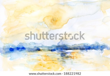 Watercolor landscape yellow and blue. Atmospheric bright abstract watercolor landscape with water, a city skyline and clouds.