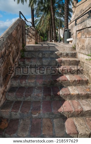 Stone staircase from medieval times. Details Palma, Palma de Mallorca, Balearic islands, Spain in November.