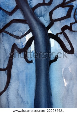 Abstract painted tree against moonlight closeup. Original watercolor painting in naivistic old romanticism style.