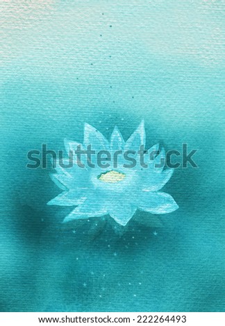 Abstract painted magic green waterlily with small stars. Original watercolor painting digitalized.