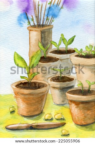 Garden pots, plants and easter feathers. Original gouache and watercolor painting.