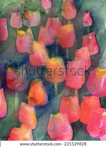 Red Tulips Texture. Abstract original watercolor background texture.