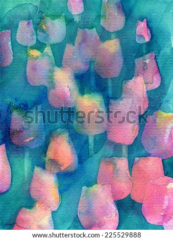Turquoise Tulips Texture. Abstract original watercolor background texture.