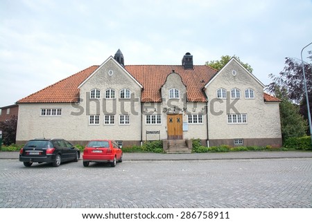 FALKENBERG, SWEDEN - JUNE 6, 2015: Old bathing house building front entrance in central town on June 6, 2015 in Falkenberg, Sweden.