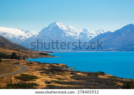 Lake Pukaki with beautiful view on Southern Alps in the background